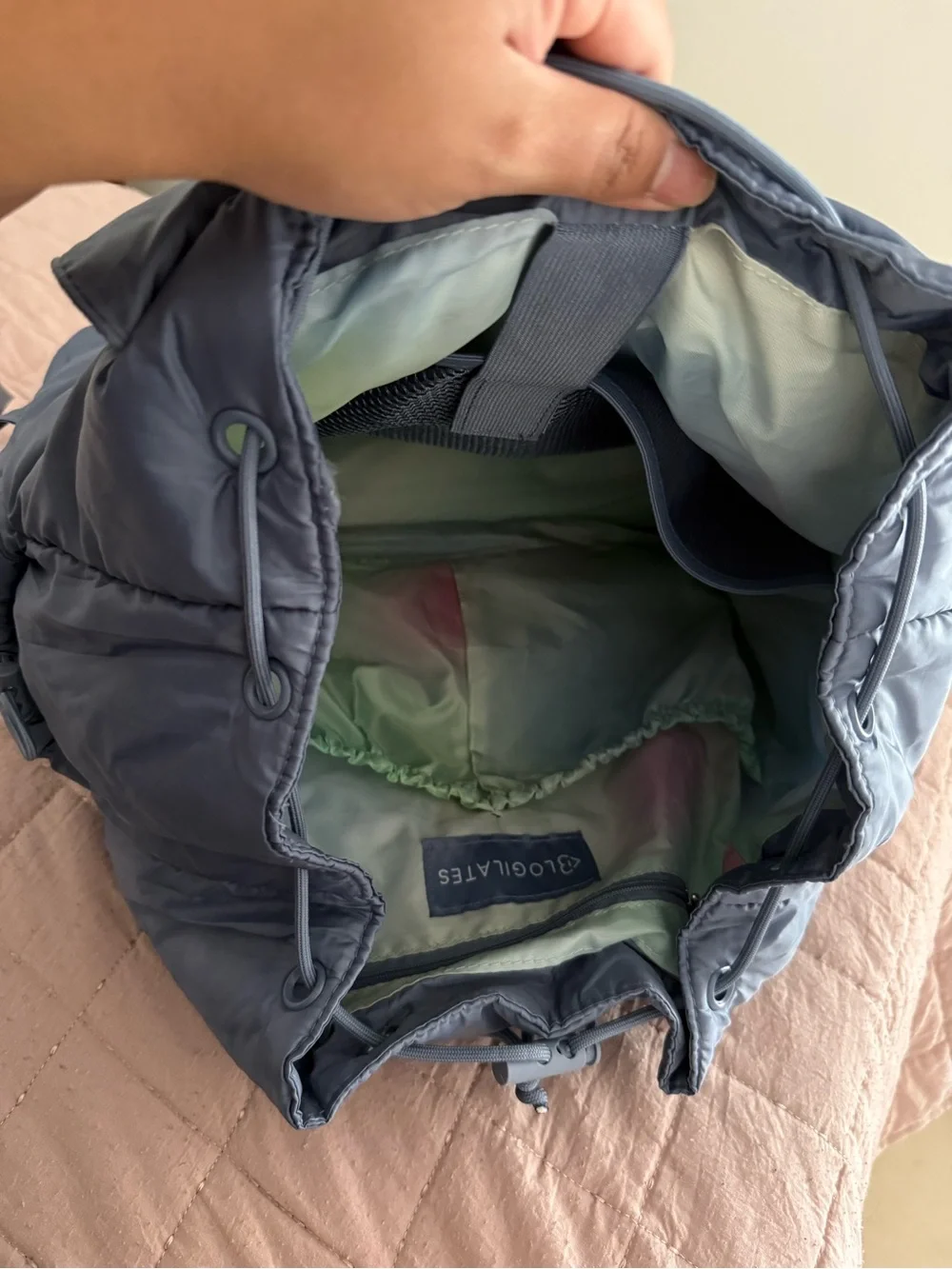 Blue Quilted Nylon Drawstring Backpack - Picture 4 of 5